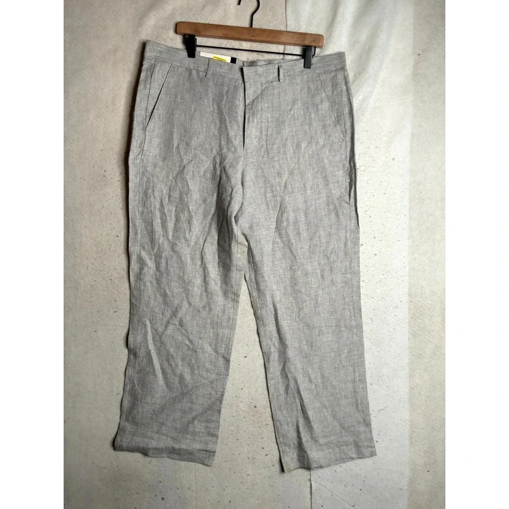 Murano Linen Pants Men's 38x30 Light Gray Relaxed Fit Flat Front Straight Leg